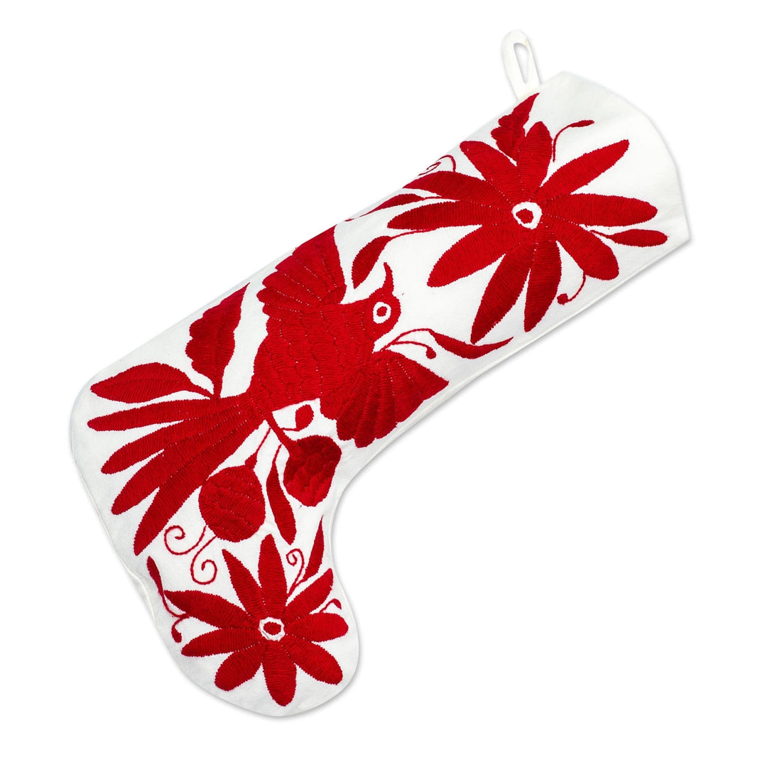 Red Tenango Style Embroidered Christmas Stocking From Mexico - Tenango Boot in Red
