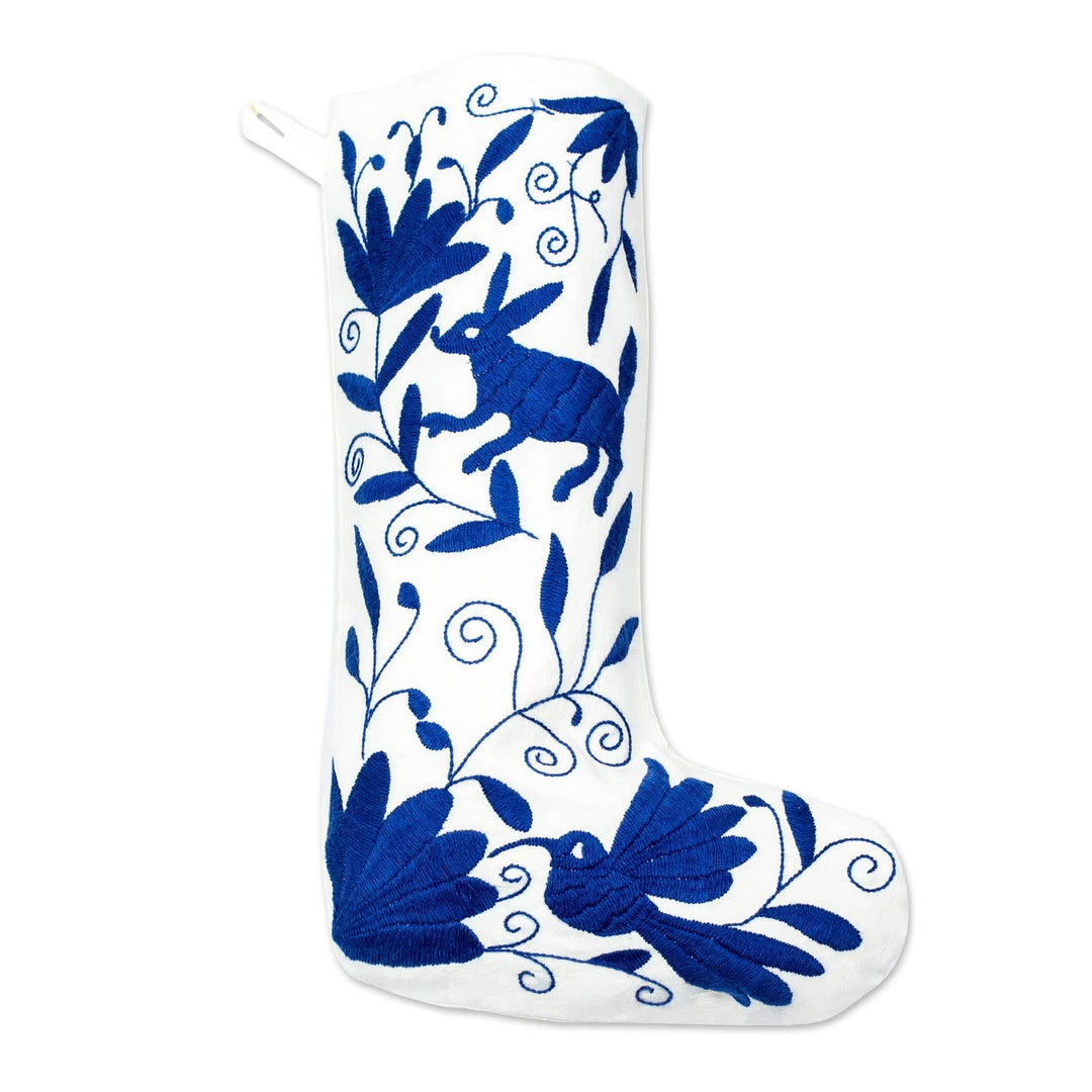 Blue Tenango Embroidered Christmas Stocking From Mexico - Tenango Boot in Blue