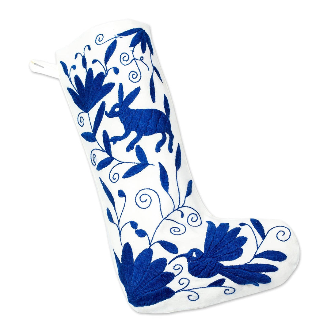 Blue Tenango Embroidered Christmas Stocking From Mexico - Tenango Boot in Blue
