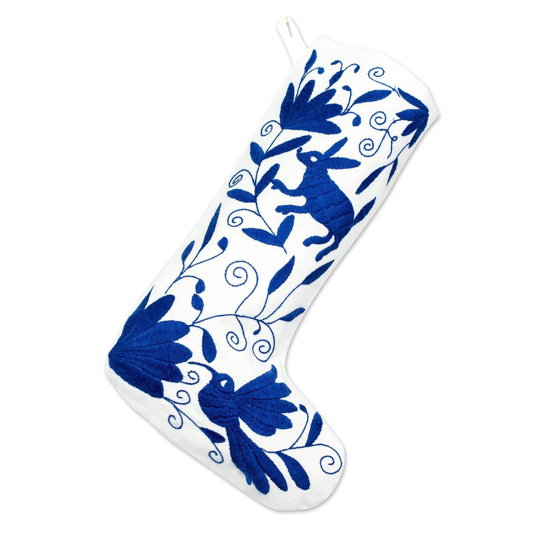 Blue Tenango Embroidered Christmas Stocking From Mexico - Tenango Boot in Blue