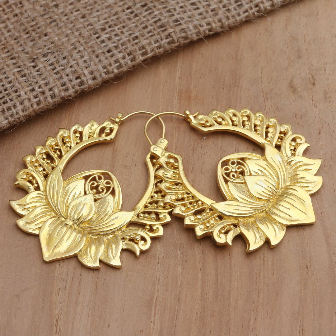 Gold-Plated Brass Lotus Flower Hoop Earrings - Sacred Florals