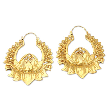 Gold-Plated Brass Lotus Flower Hoop Earrings - Sacred Florals