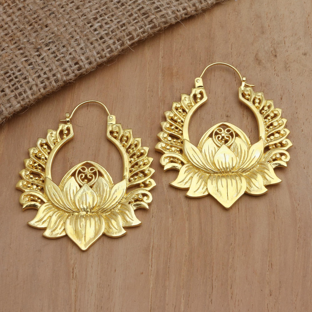 Gold-Plated Brass Lotus Flower Hoop Earrings - Sacred Florals