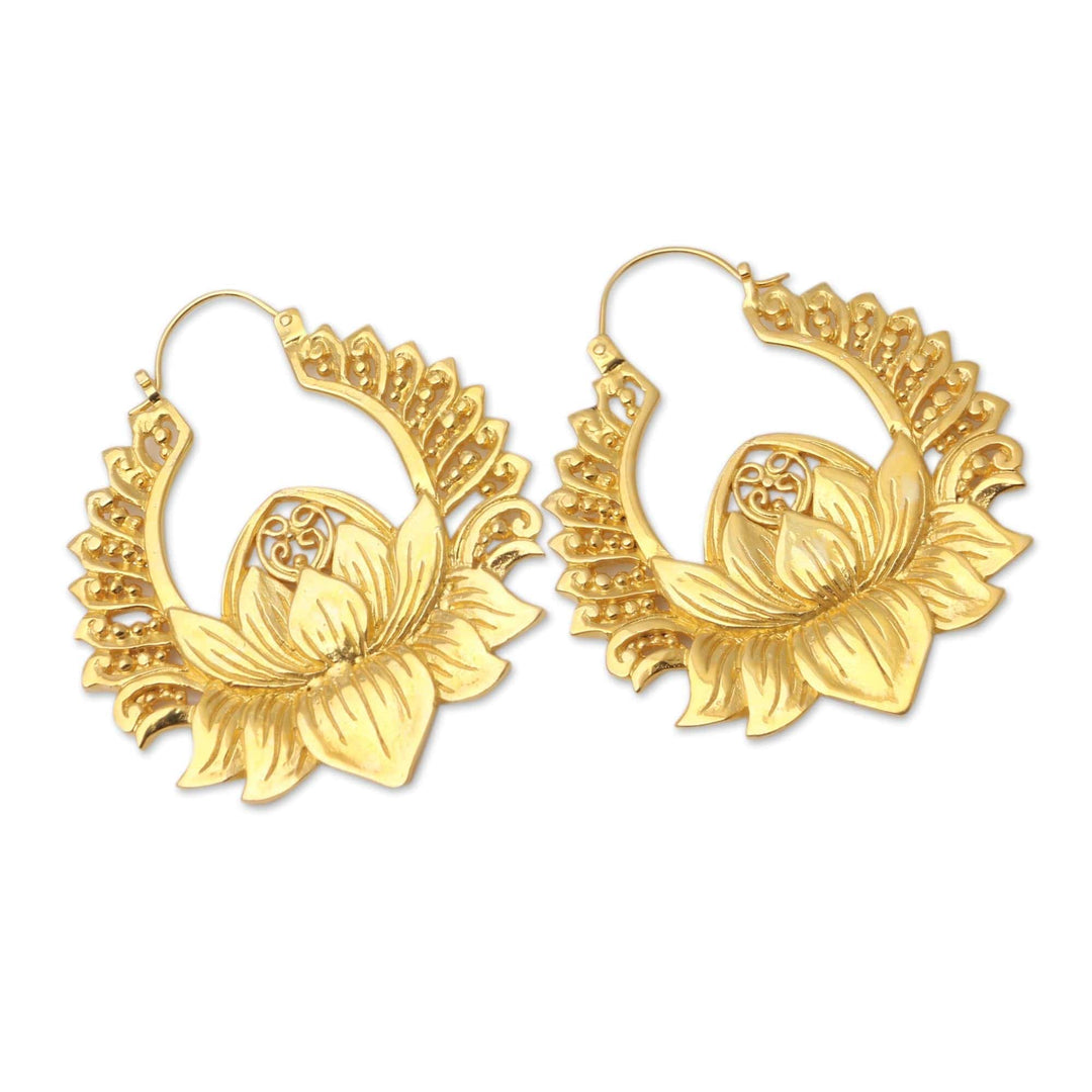 Gold-Plated Brass Lotus Flower Hoop Earrings - Sacred Florals