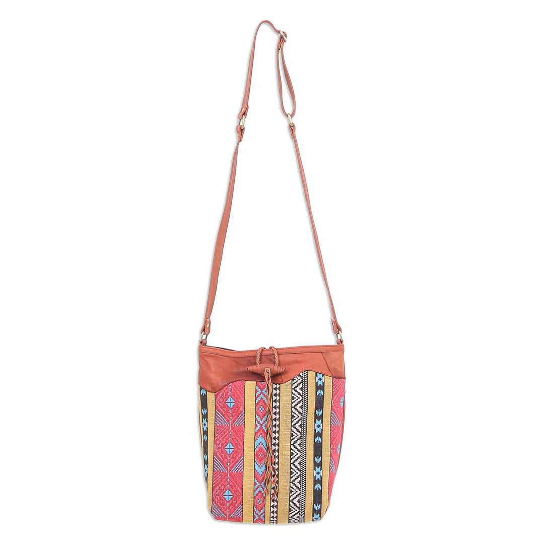 Leather-Accented Patchwork Sling Bag from Thailand - Joyful Journey in Red-Yellow