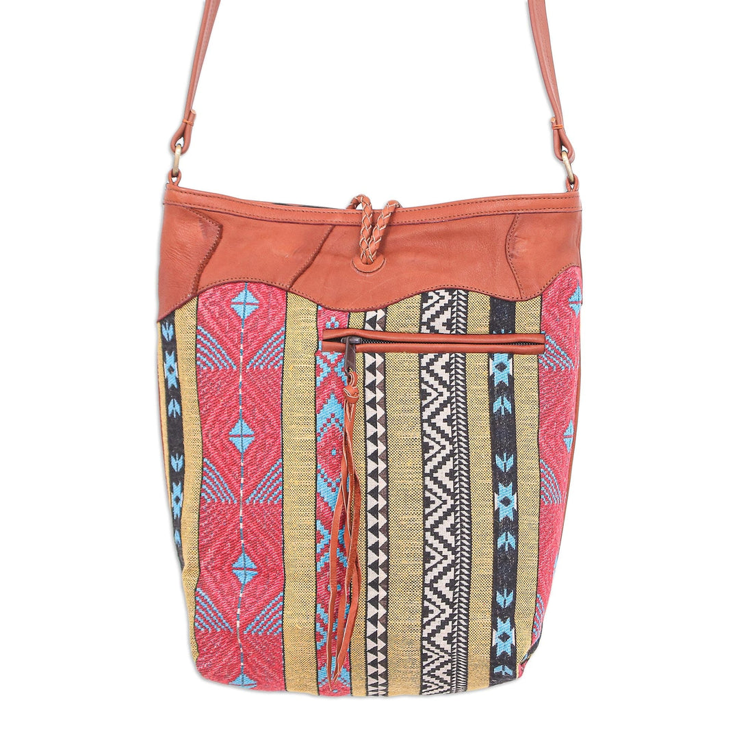 Leather-Accented Patchwork Sling Bag from Thailand - Joyful Journey in Red-Yellow