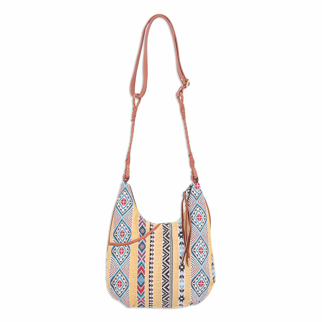 Leather-Accented Yellow Cotton Sling Bag - Fabled Land in Yellow