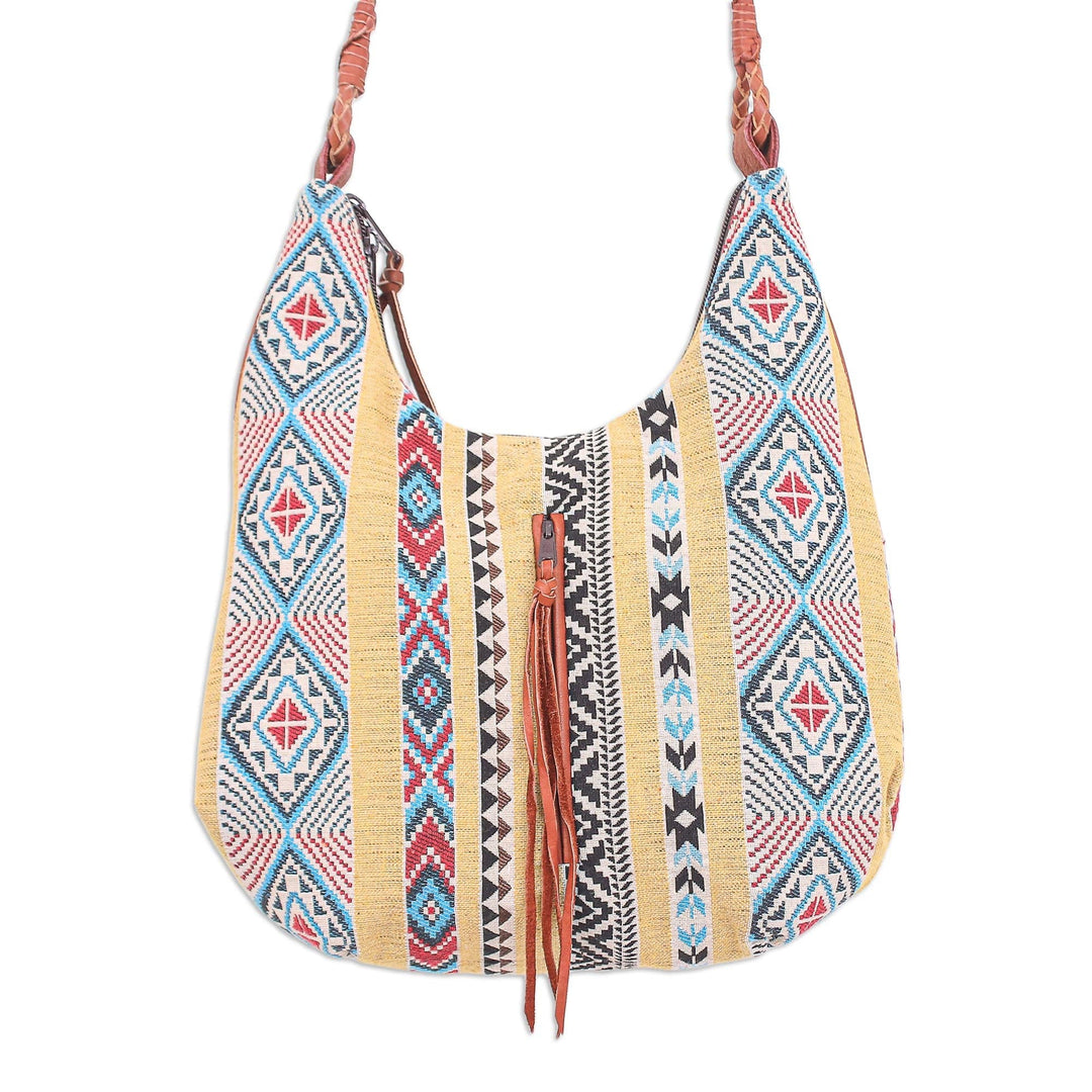 Leather-Accented Yellow Cotton Sling Bag - Fabled Land in Yellow