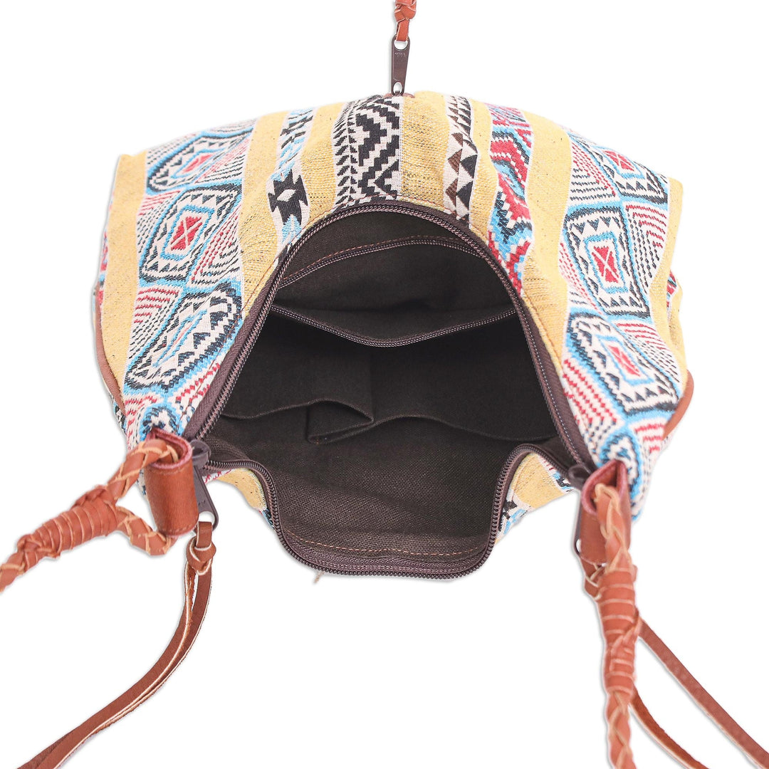 Leather-Accented Yellow Cotton Sling Bag - Fabled Land in Yellow