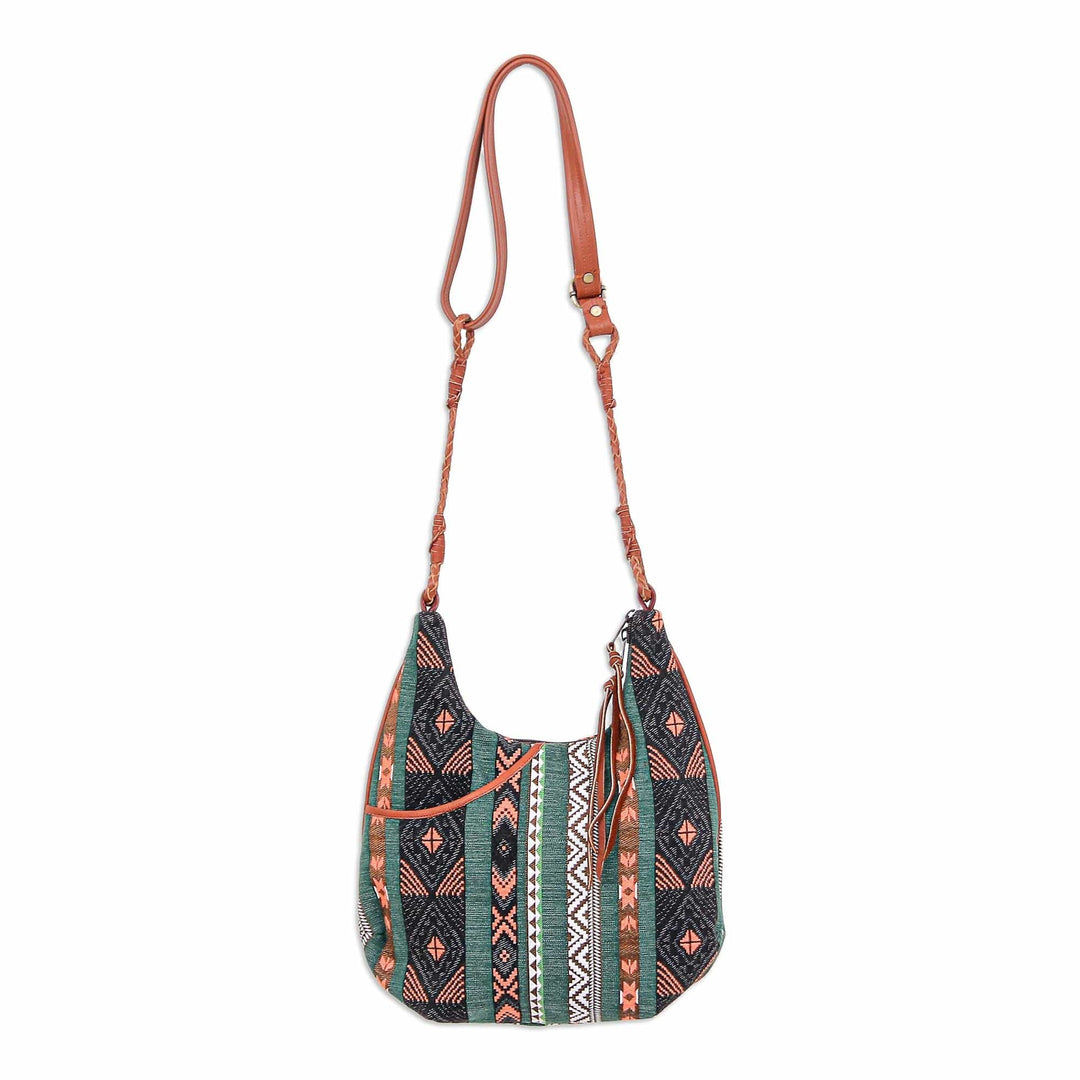Leather-Accented Sling Bag with Geometric Motif - Fabled Land in Green