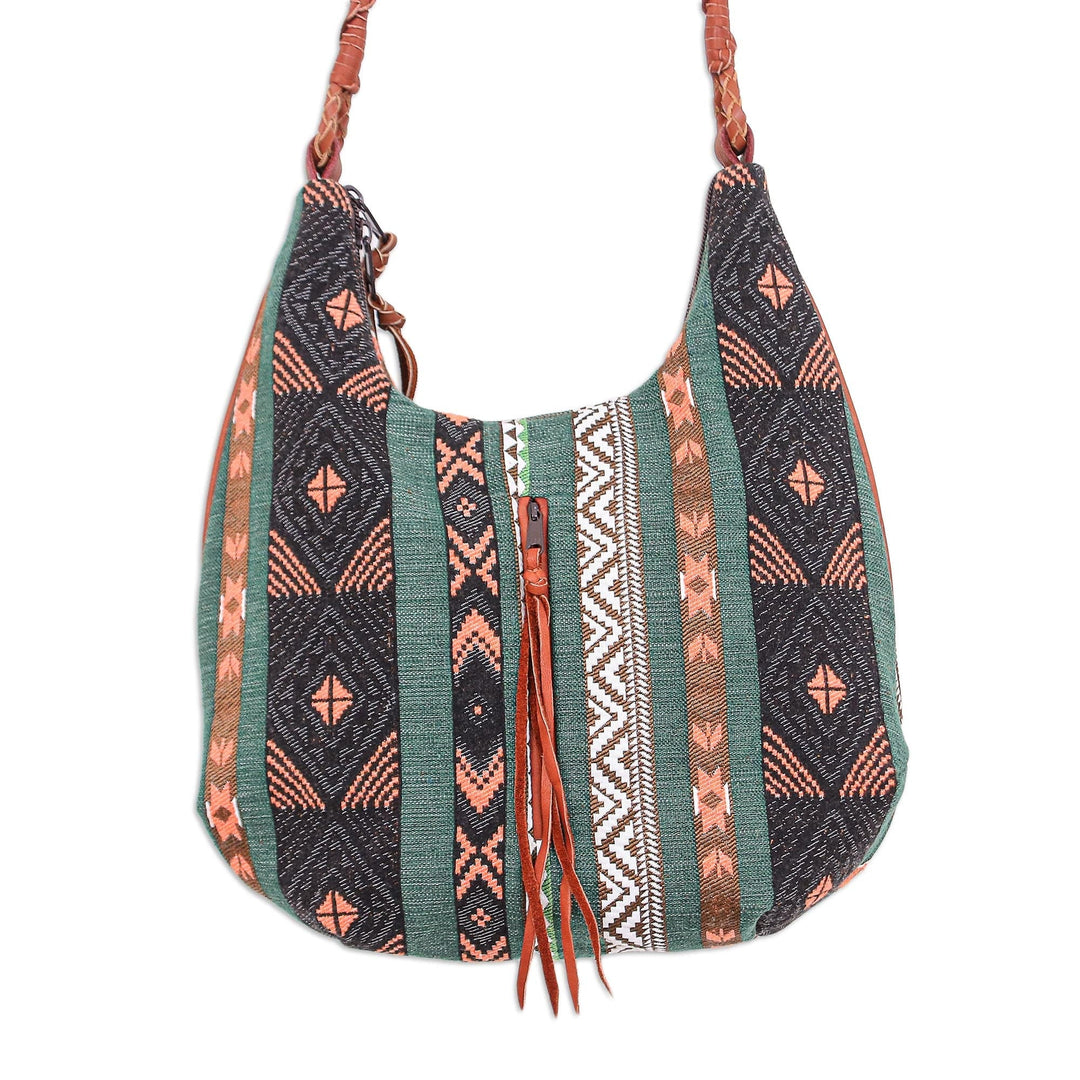 Leather-Accented Sling Bag with Geometric Motif - Fabled Land in Green
