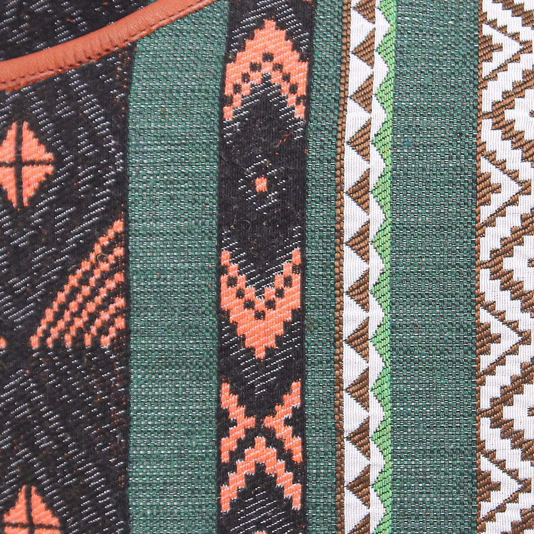 Leather-Accented Sling Bag with Geometric Motif - Fabled Land in Green