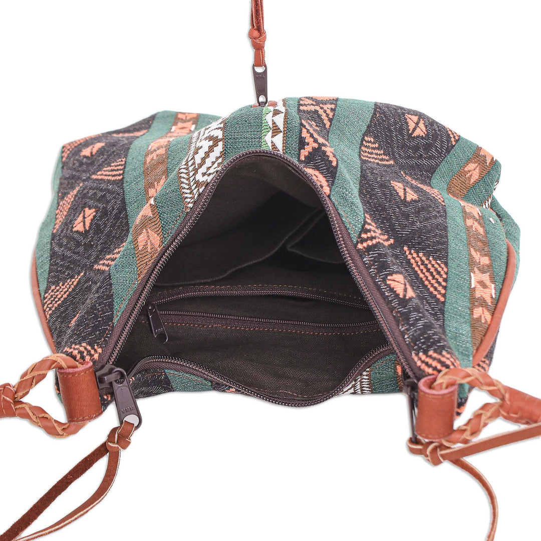 Leather-Accented Sling Bag with Geometric Motif - Fabled Land in Green