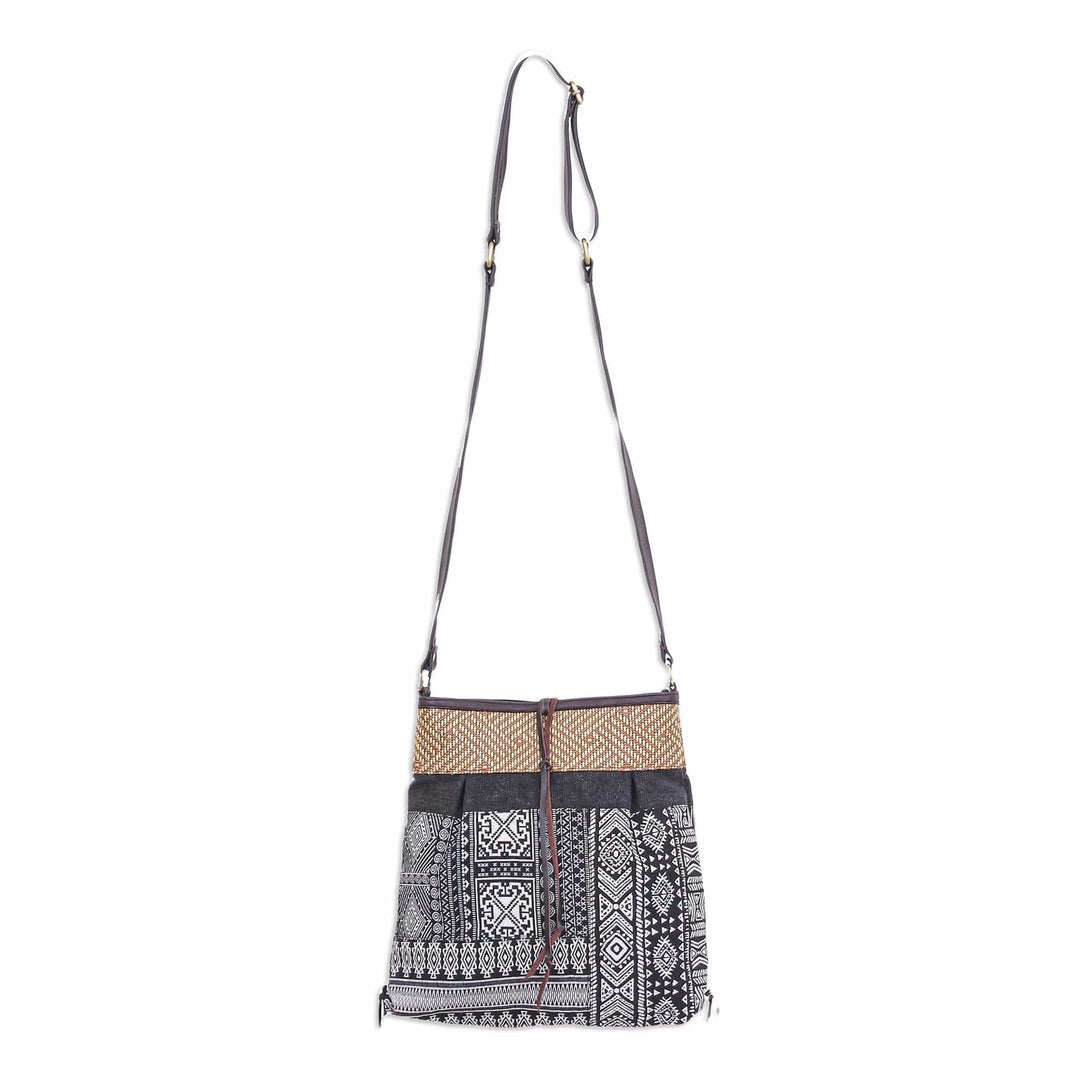 Thai Black and White Cotton Blend Sling Bag - Intermission in Black