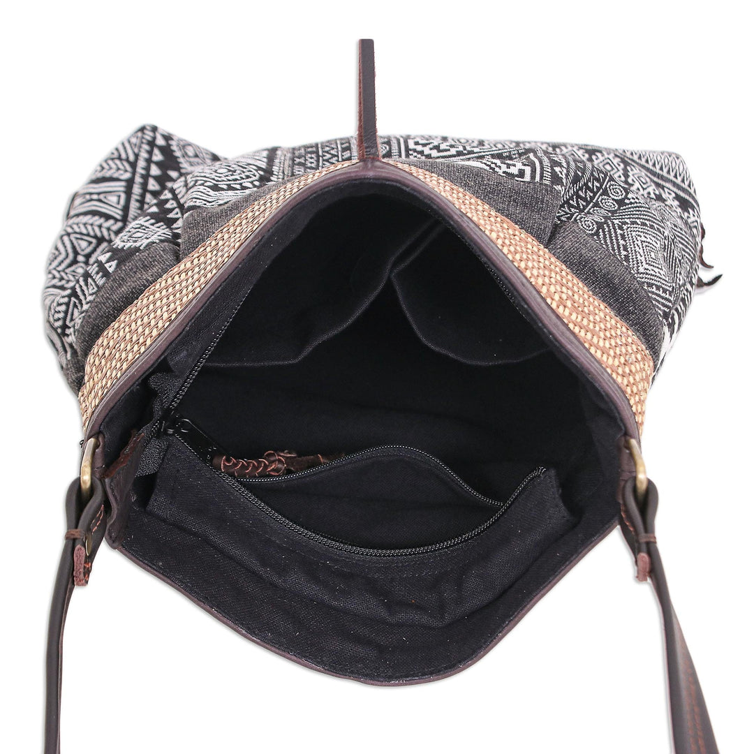Thai Black and White Cotton Blend Sling Bag - Intermission in Black