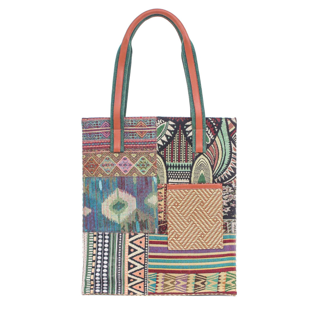 Cotton Blend and Leather Accented Tote Bag - Happy Day in Green