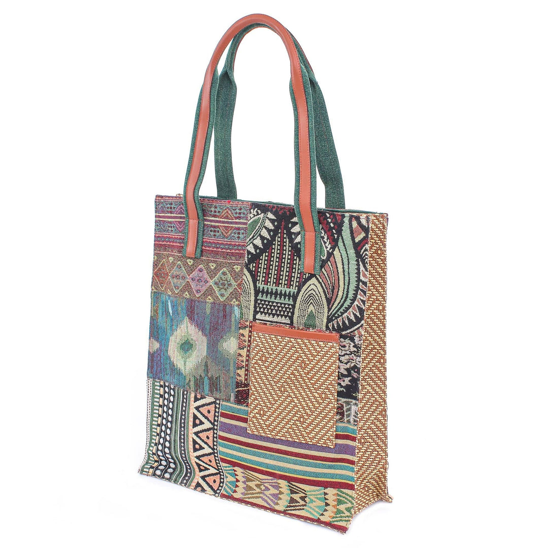 Cotton Blend and Leather Accented Tote Bag - Happy Day in Green