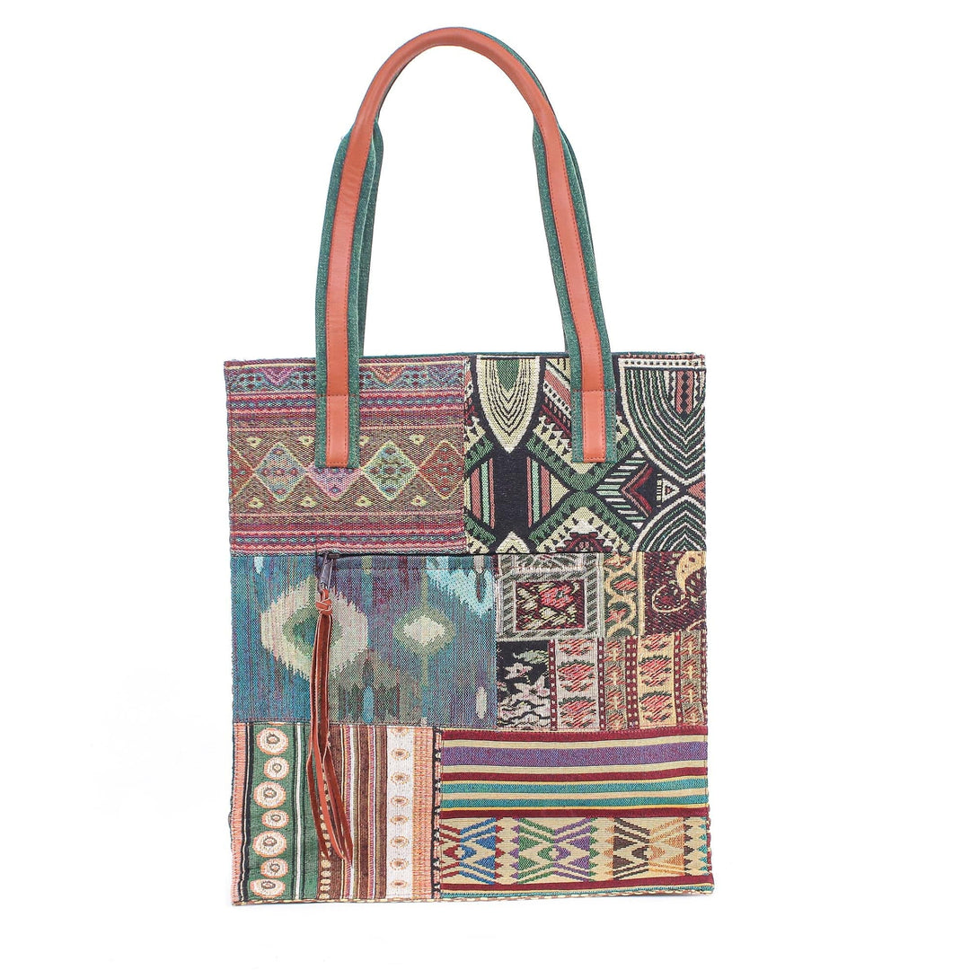 Cotton Blend and Leather Accented Tote Bag - Happy Day in Green