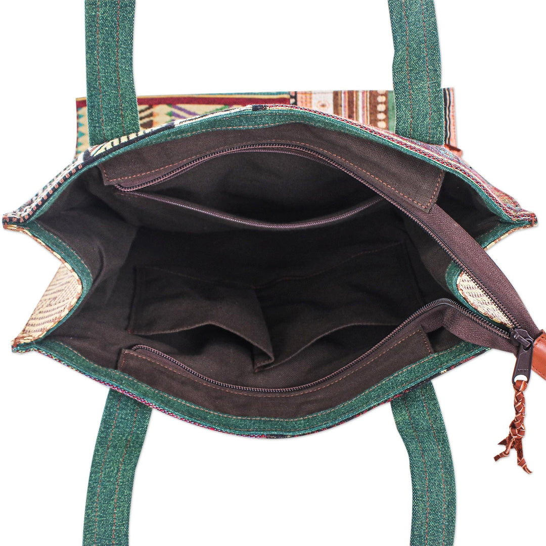 Cotton Blend and Leather Accented Tote Bag - Happy Day in Green