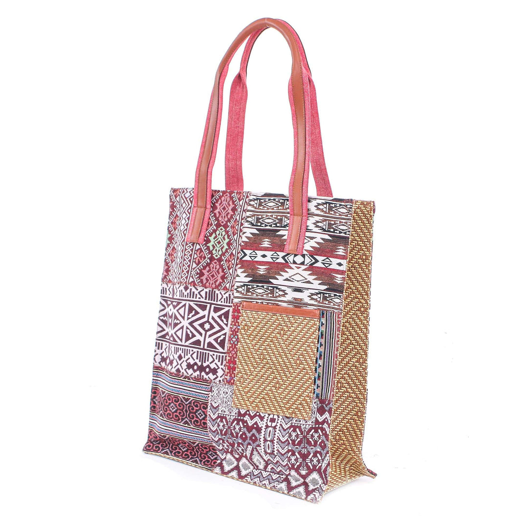 Cotton Blend Patchwork Tote Bag - Happy Day in Red