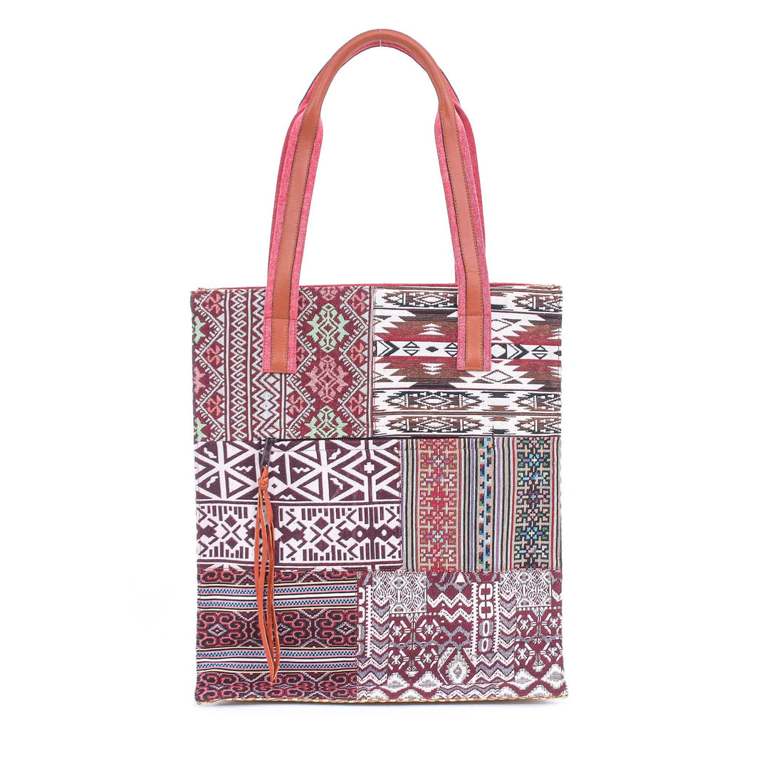 Cotton Blend Patchwork Tote Bag - Happy Day in Red