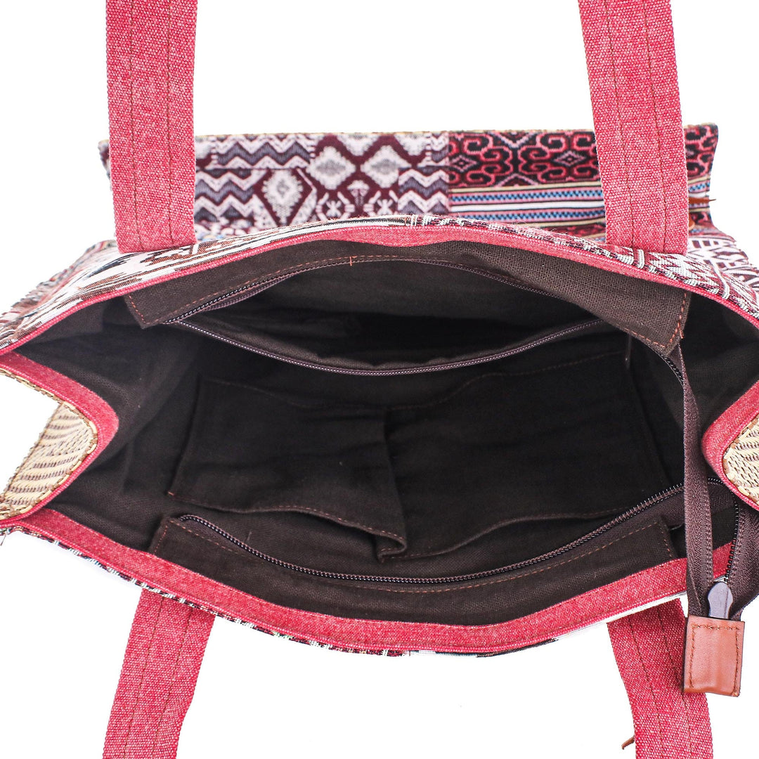 Cotton Blend Patchwork Tote Bag - Happy Day in Red