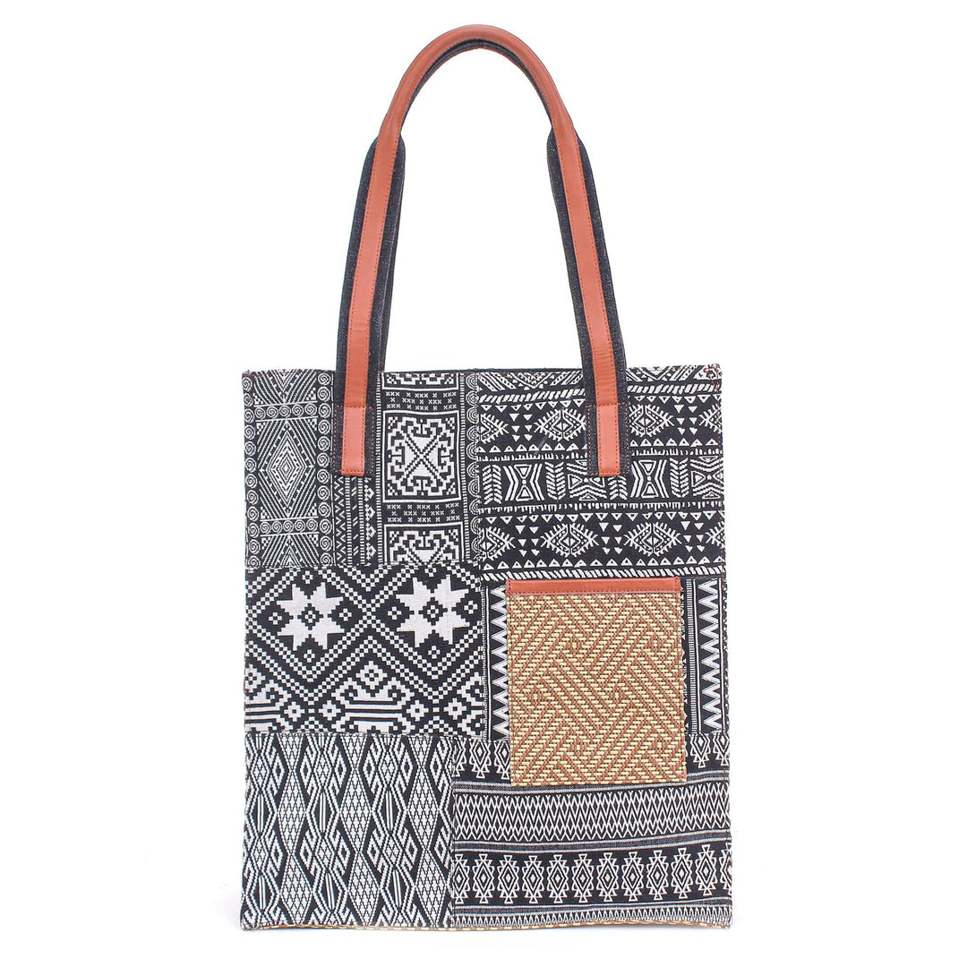 Cotton Blend Geometric-Motif Tote Bag - Happy Day in Black