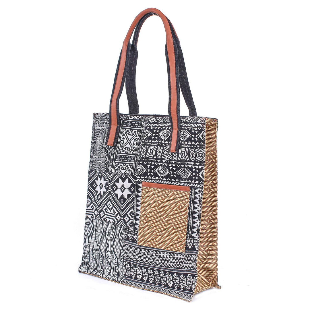 Cotton Blend Geometric-Motif Tote Bag - Happy Day in Black
