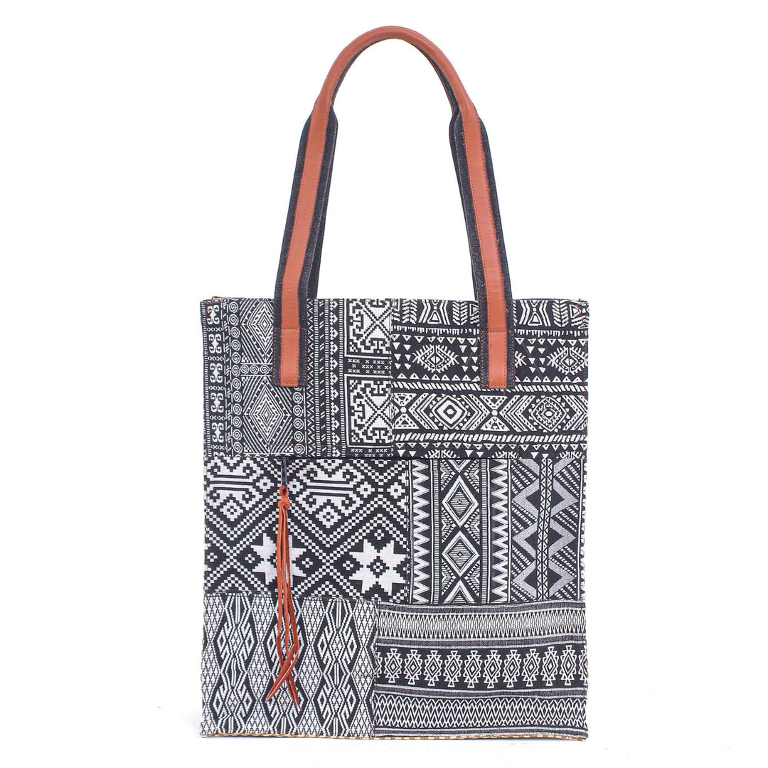 Cotton Blend Geometric-Motif Tote Bag - Happy Day in Black