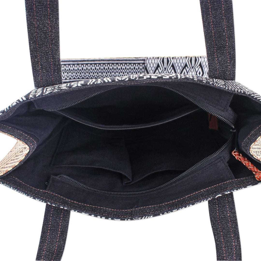 Cotton Blend Geometric-Motif Tote Bag - Happy Day in Black