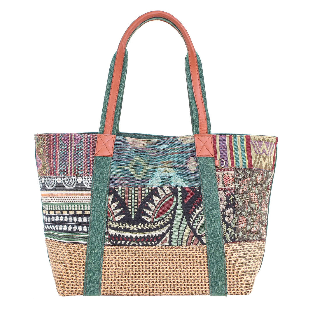 Thai Cotton and Leather Trim Shoulder Bag - Happy Journey in Green