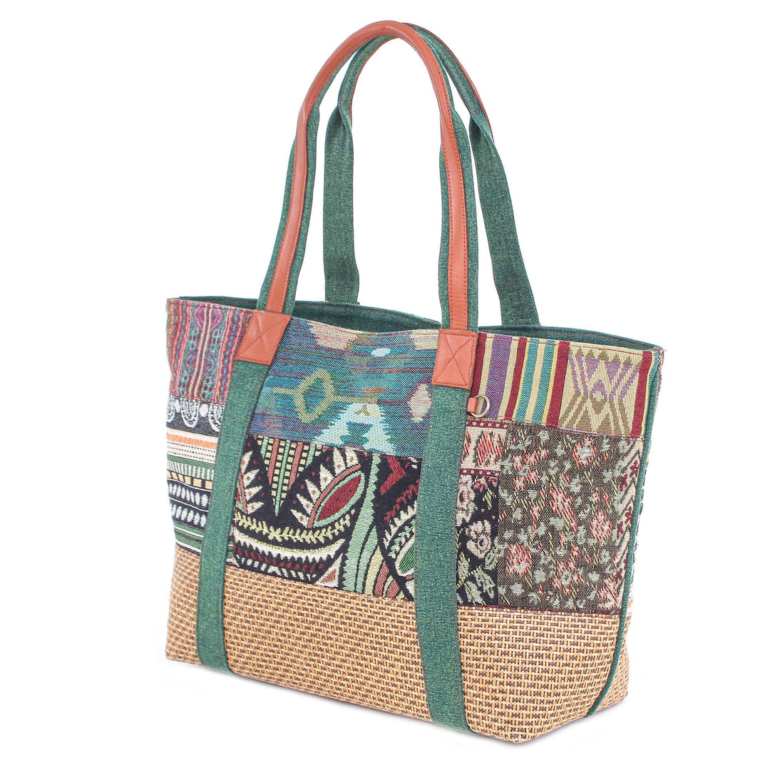 Thai Cotton and Leather Trim Shoulder Bag - Happy Journey in Green