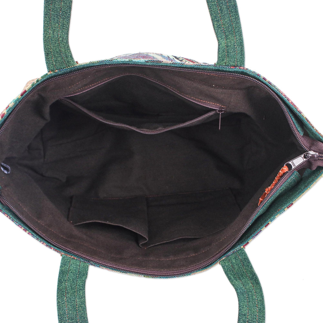 Thai Cotton and Leather Trim Shoulder Bag - Happy Journey in Green