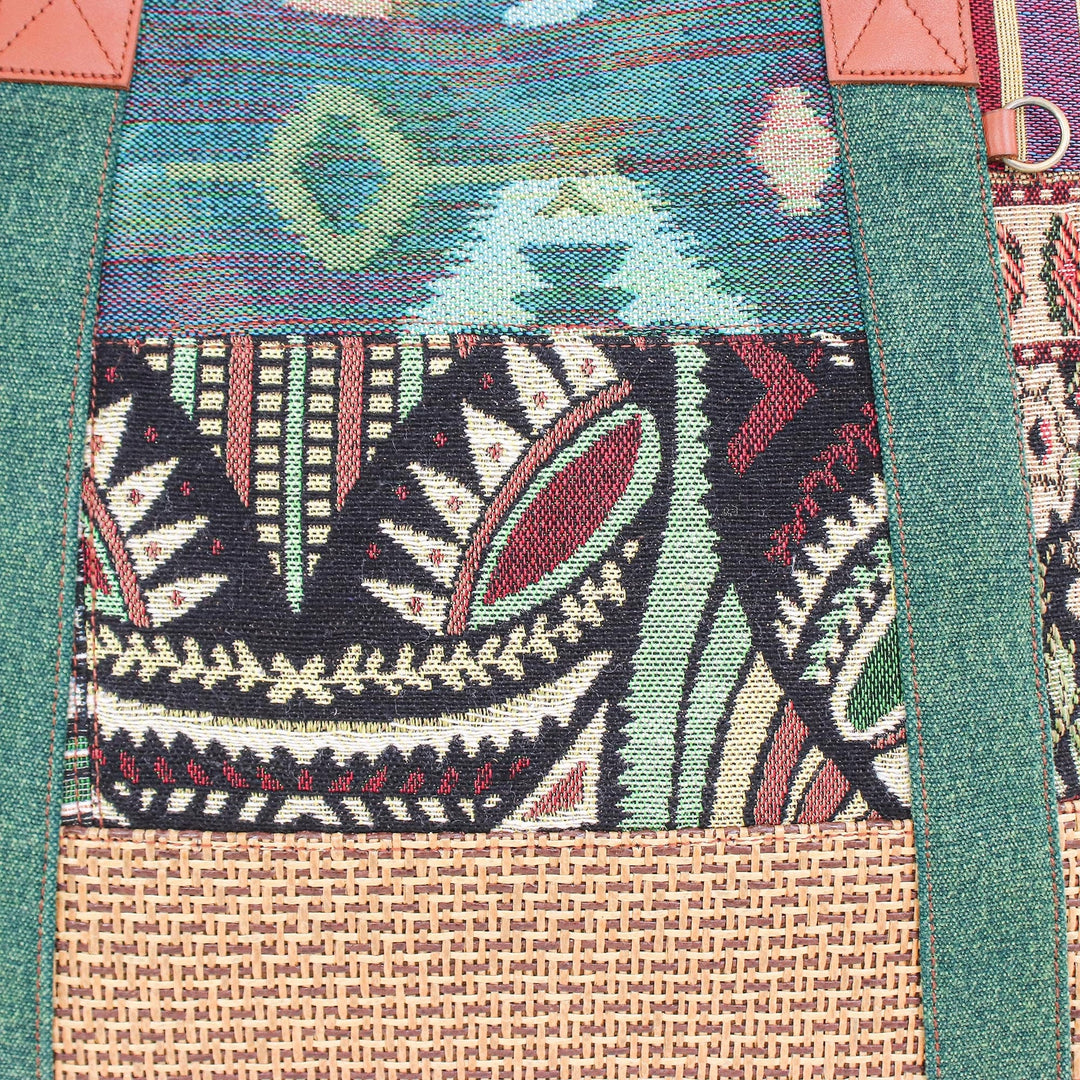 Thai Cotton and Leather Trim Shoulder Bag - Happy Journey in Green