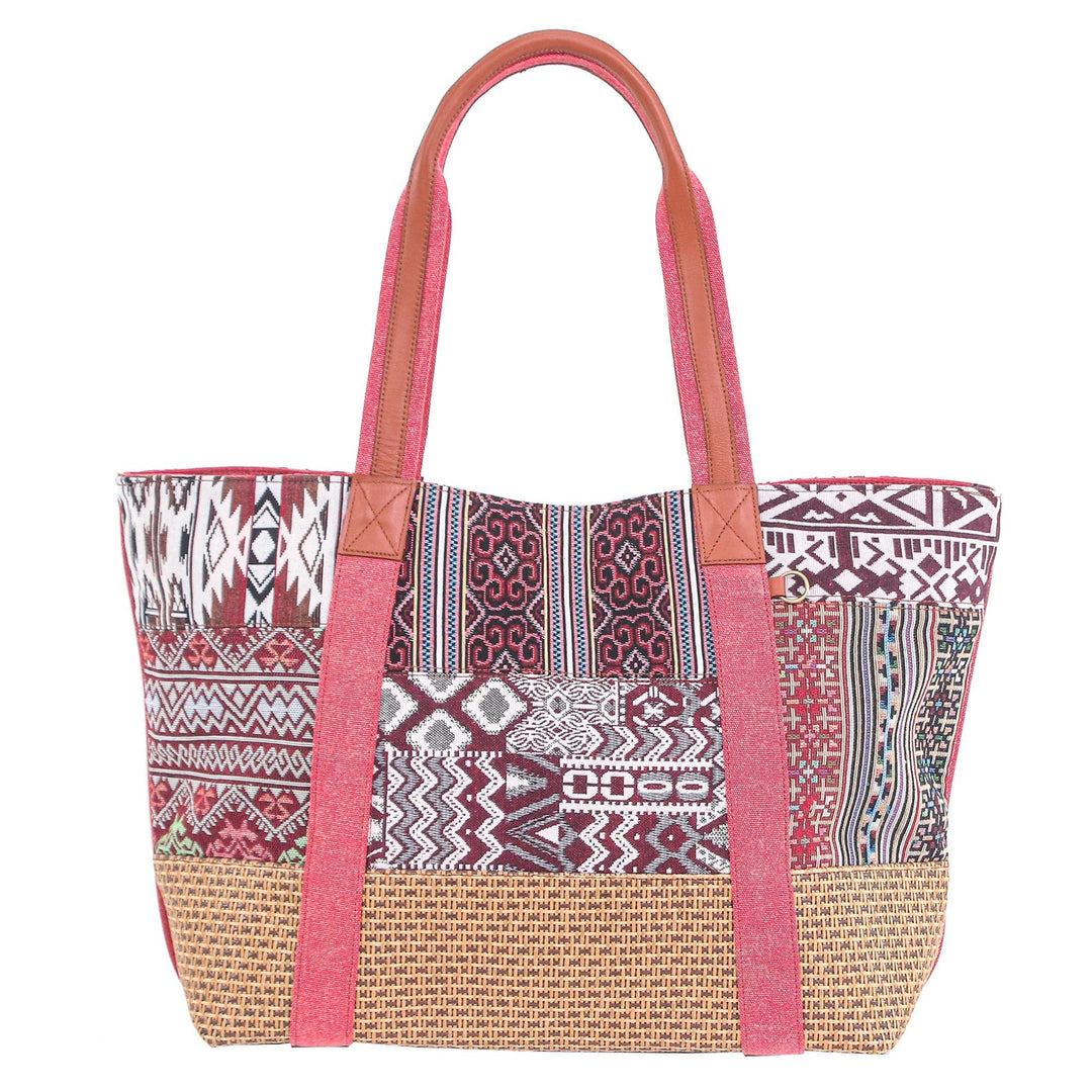 Woven Cotton and Leather Shoulder Bag - Happy Journey in Red