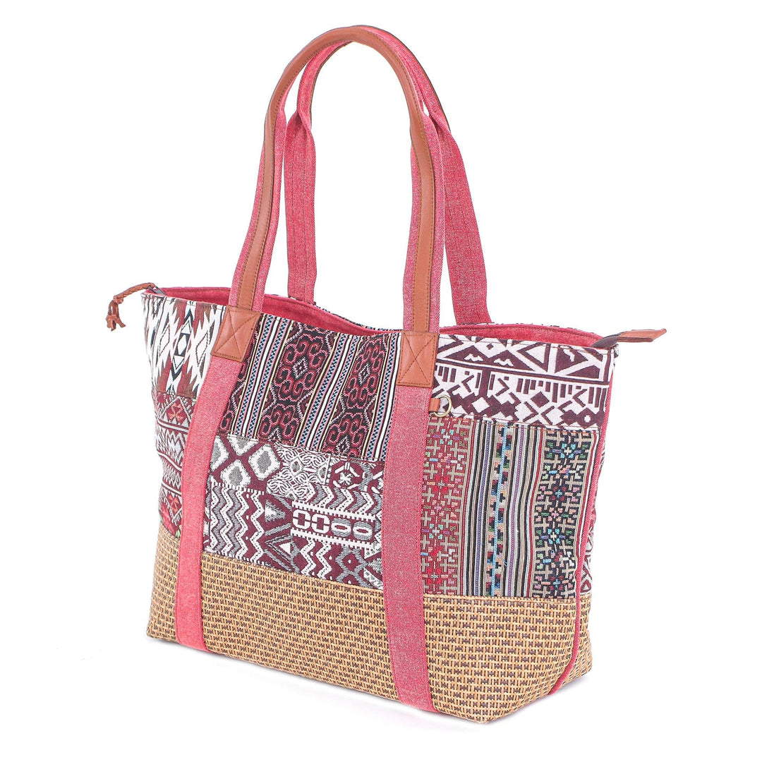 Woven Cotton and Leather Shoulder Bag - Happy Journey in Red