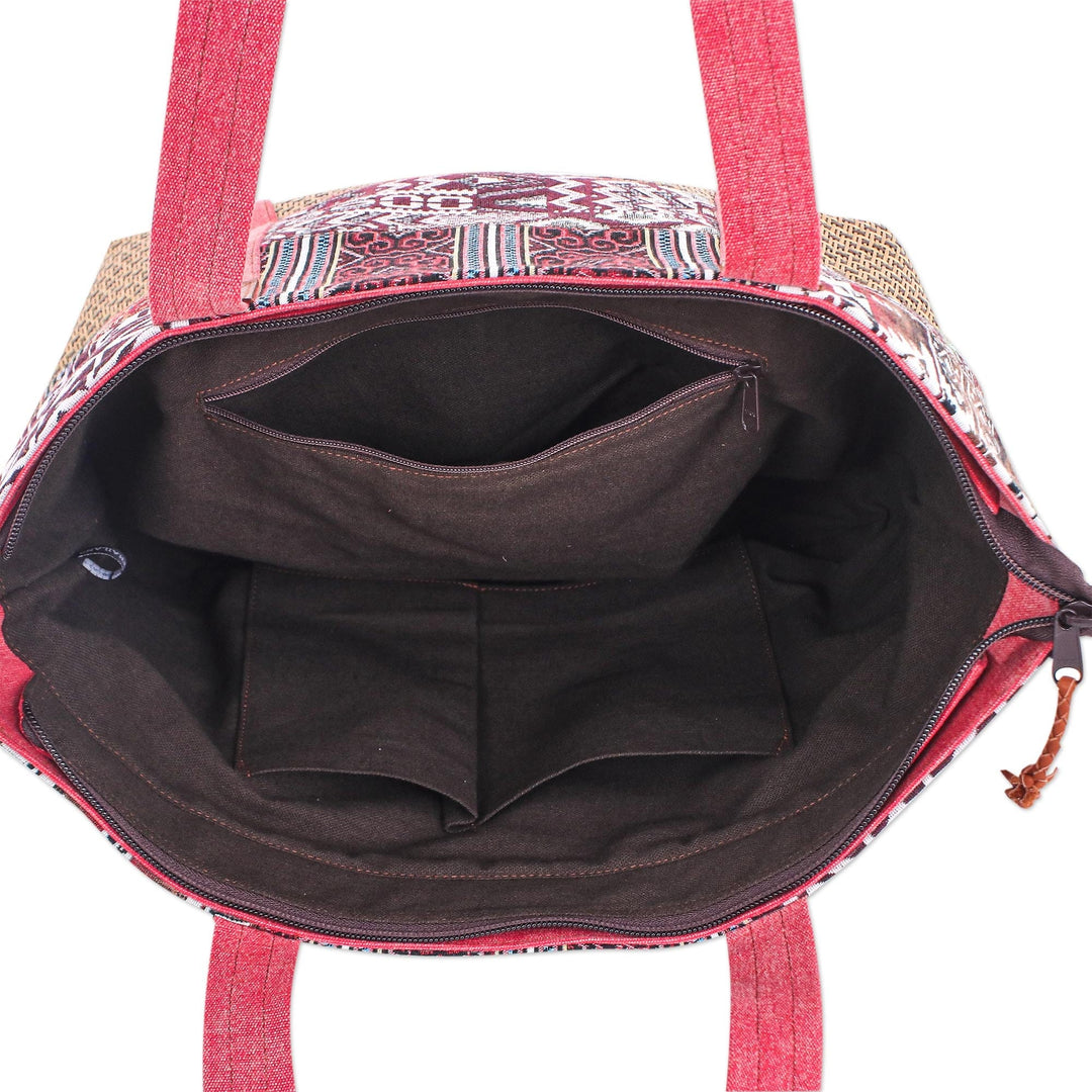 Woven Cotton and Leather Shoulder Bag - Happy Journey in Red
