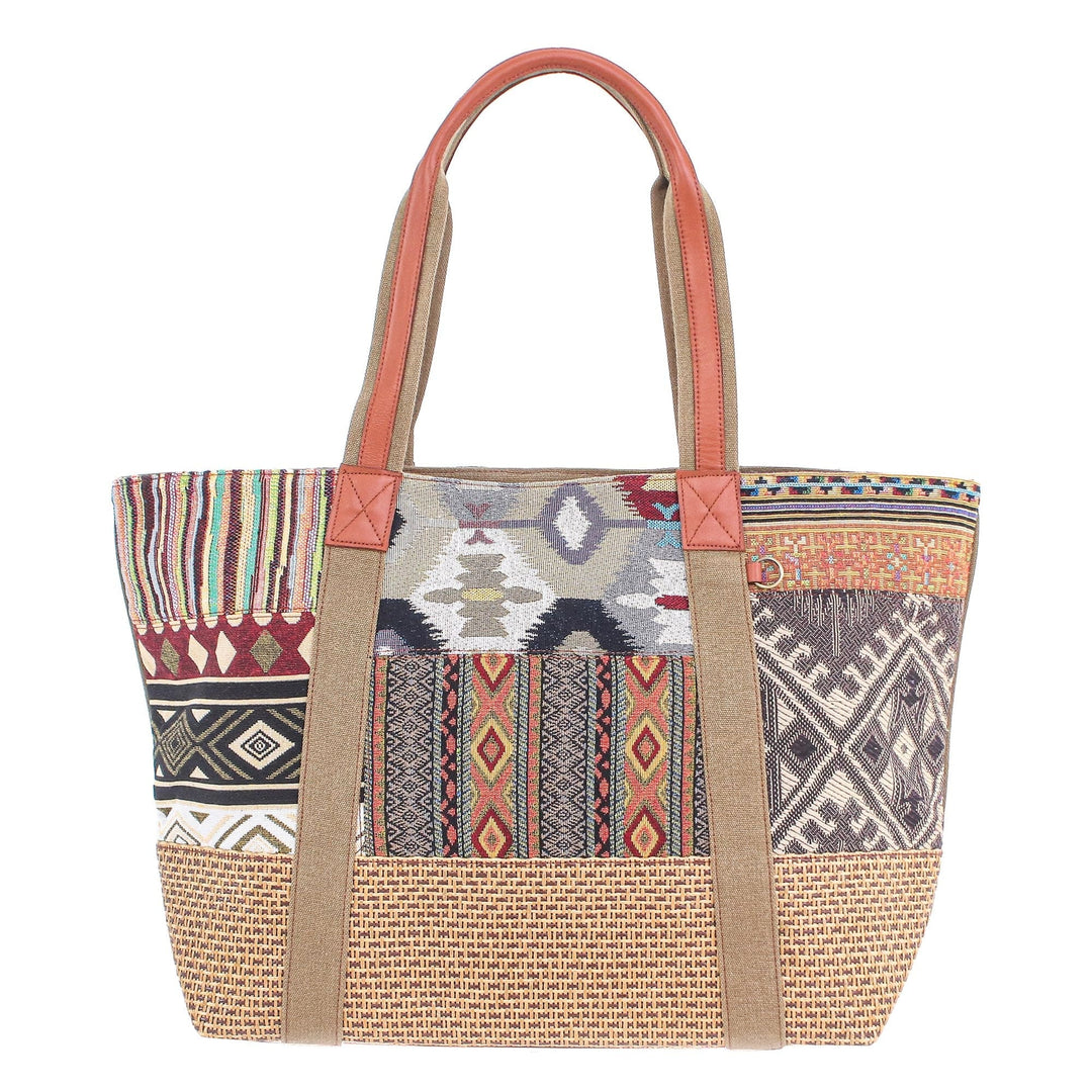 Cotton Patchwork and Leather Trim Shoulder Bag - Happy Journey in Yellow