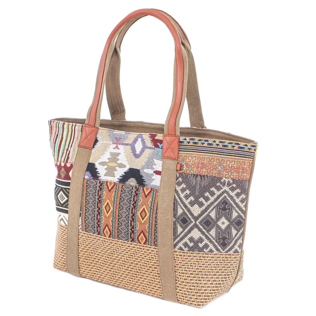 Cotton Patchwork and Leather Trim Shoulder Bag - Happy Journey in Yellow