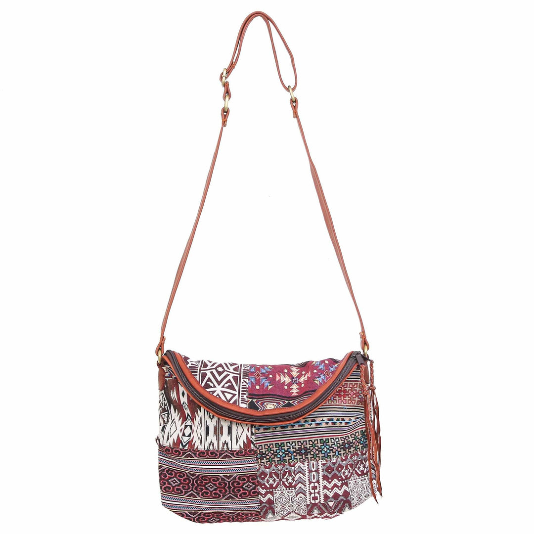 Leather Accented Cotton Patchwork Sling Bag - Casual Lanna in Red