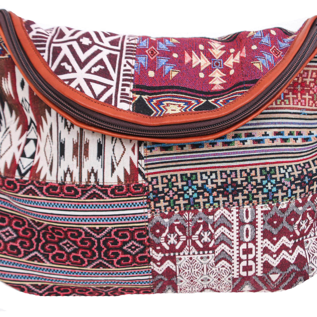 Leather Accented Cotton Patchwork Sling Bag - Casual Lanna in Red