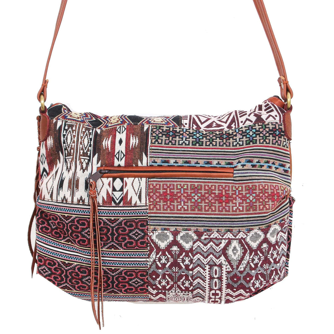 Leather Accented Cotton Patchwork Sling Bag - Casual Lanna in Red