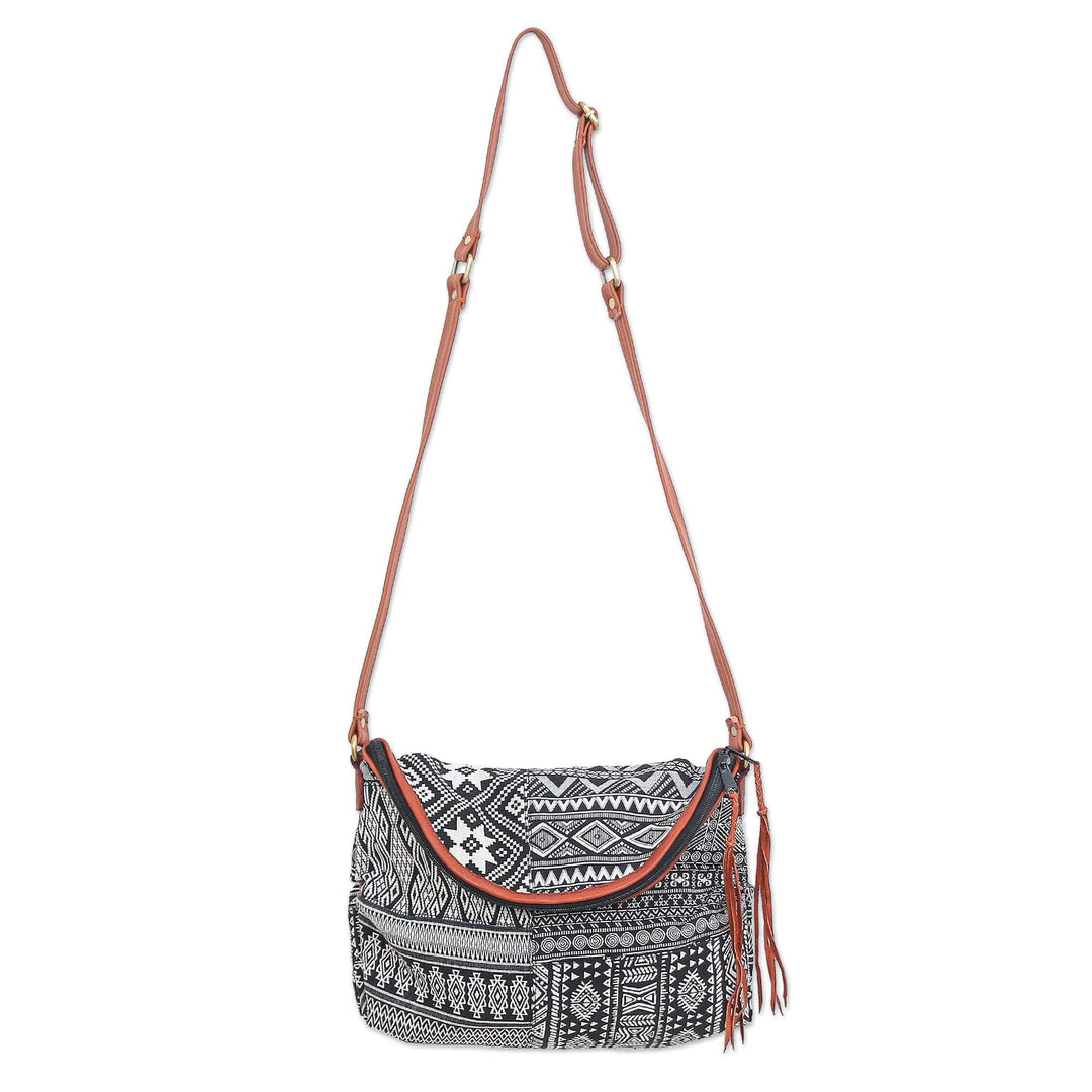 Leather Accented Cotton Blend Sling Bag - Casual Lanna in Black