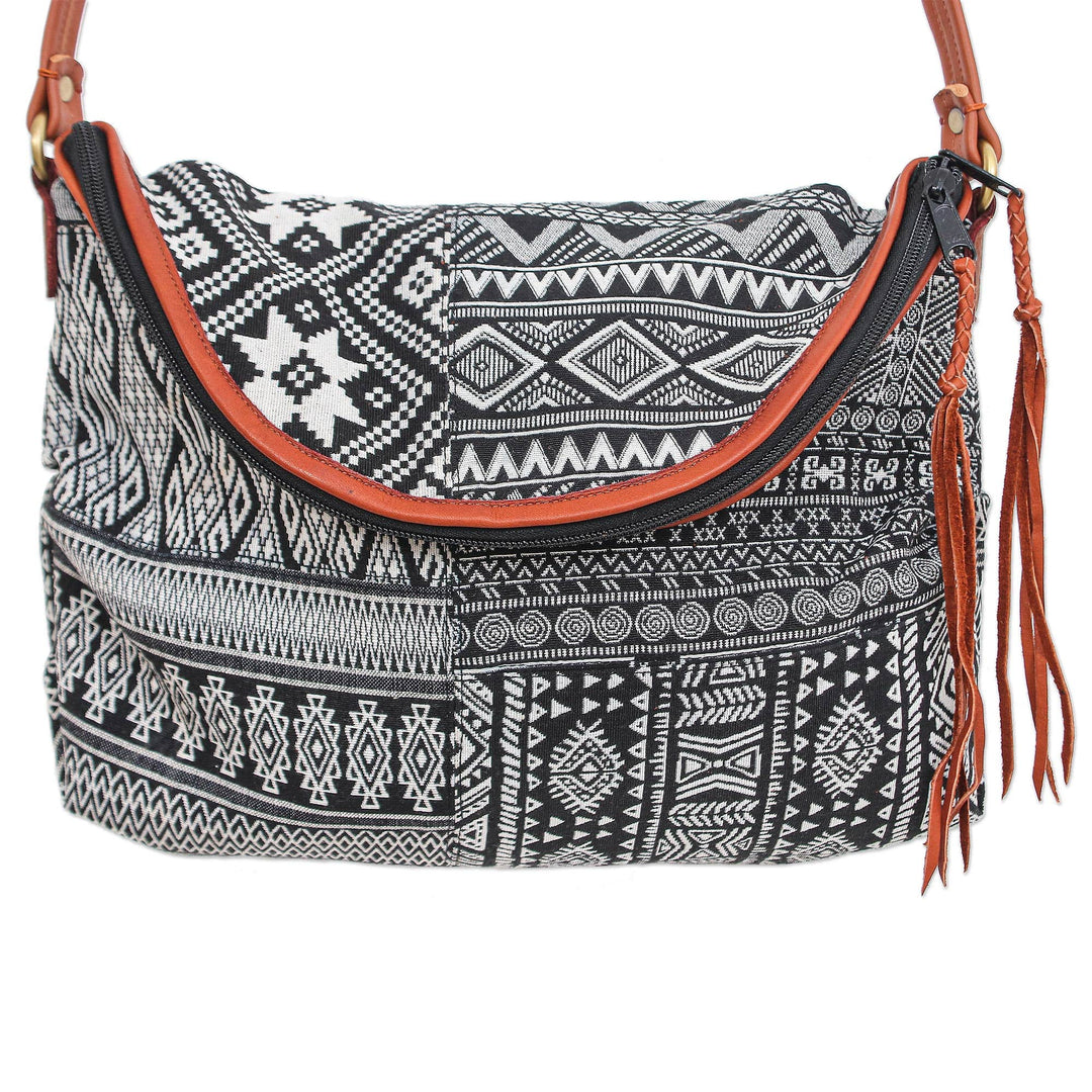 Leather Accented Cotton Blend Sling Bag - Casual Lanna in Black