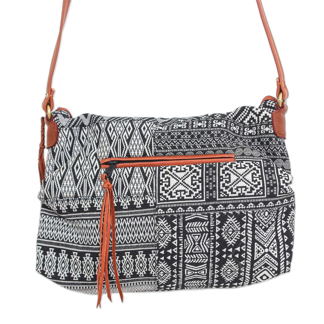 Leather Accented Cotton Blend Sling Bag - Casual Lanna in Black