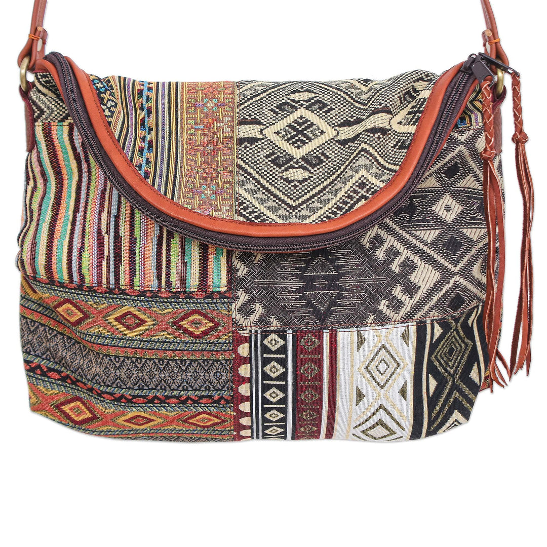 Leather Accented Cotton Patchwork Sling Bag - Casual Lanna in Yellow