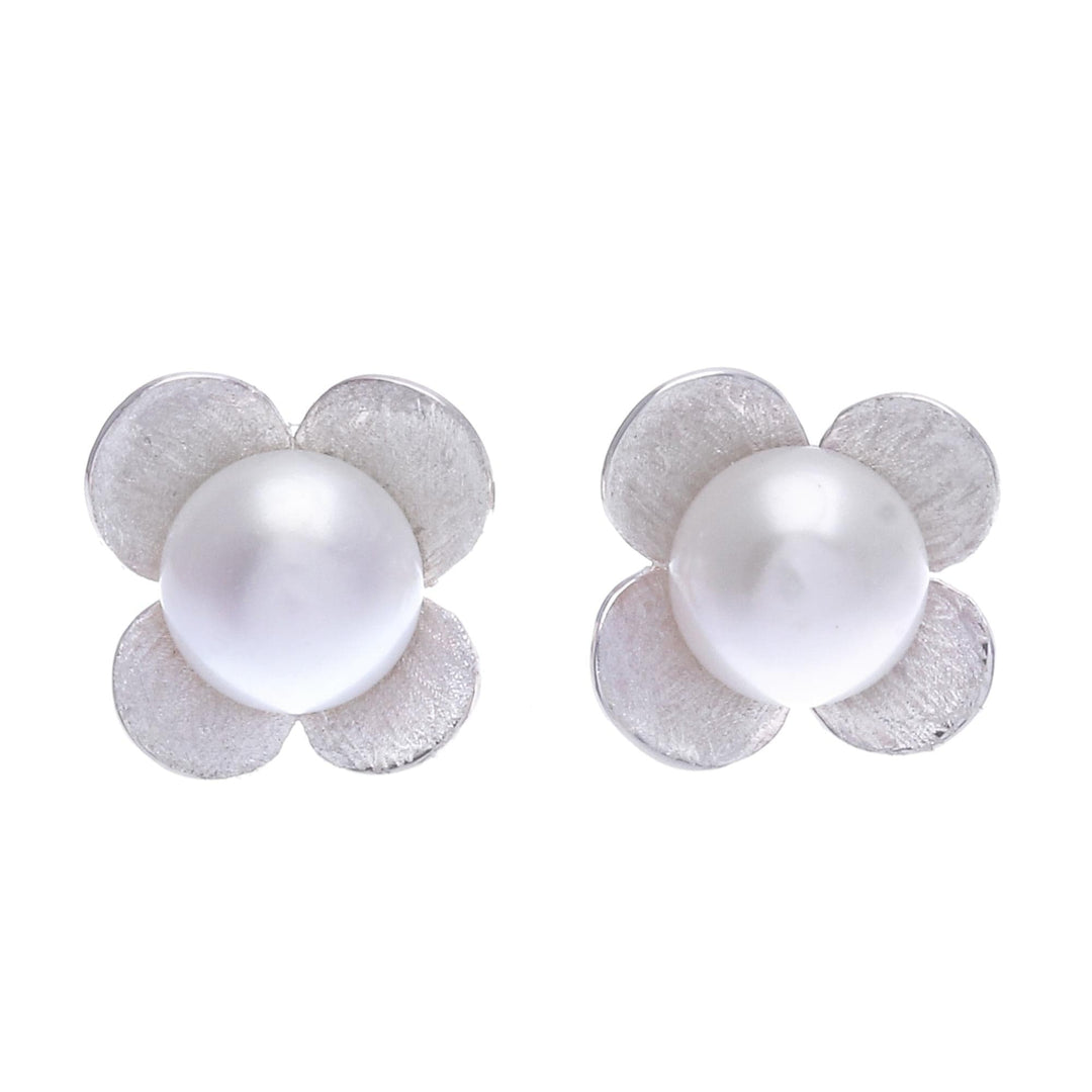 Cultured Pearl and Sterling Silver Floral-Motif Earrings - Pearl Oasis