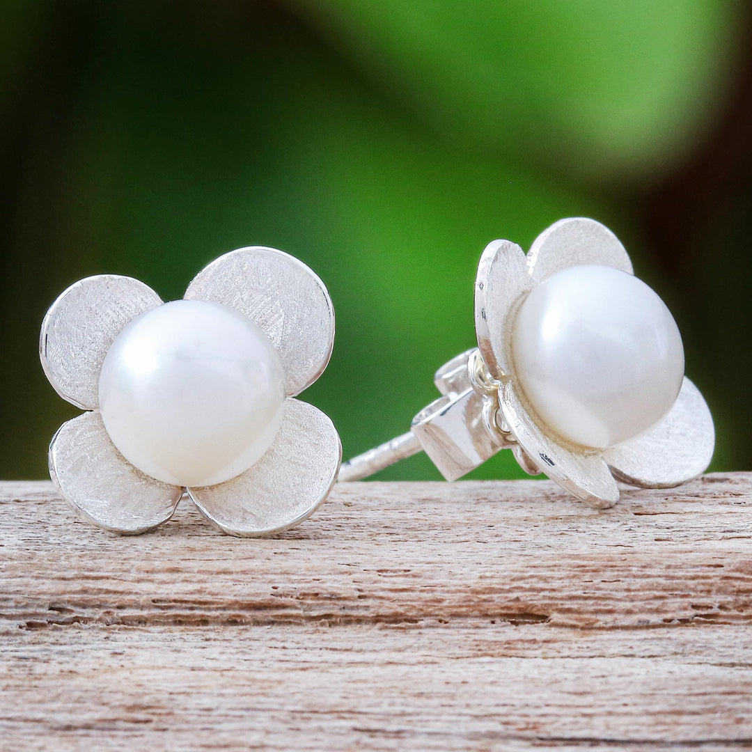 Cultured Pearl and Sterling Silver Floral-Motif Earrings - Pearl Oasis