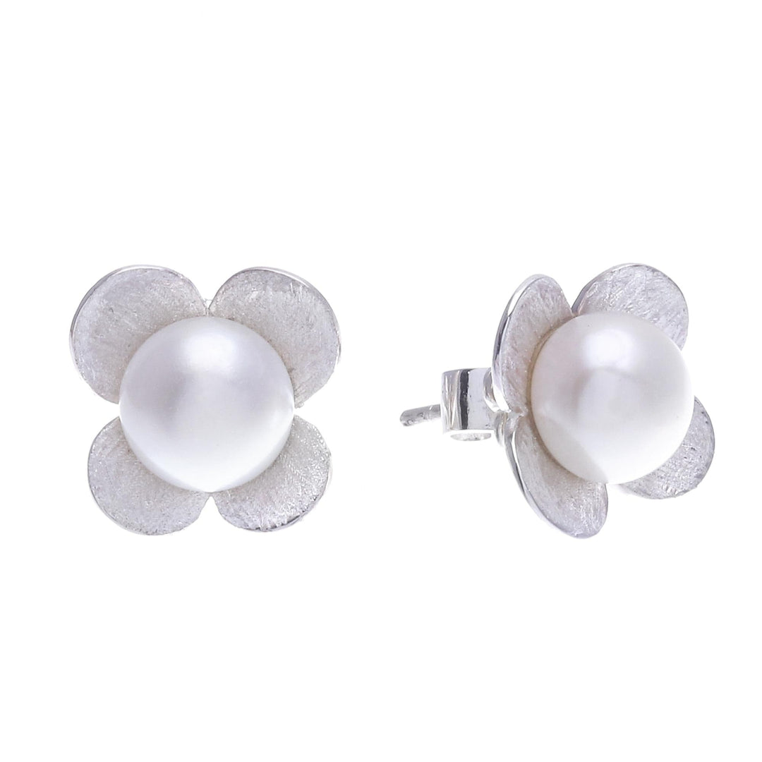 Cultured Pearl and Sterling Silver Floral-Motif Earrings - Pearl Oasis