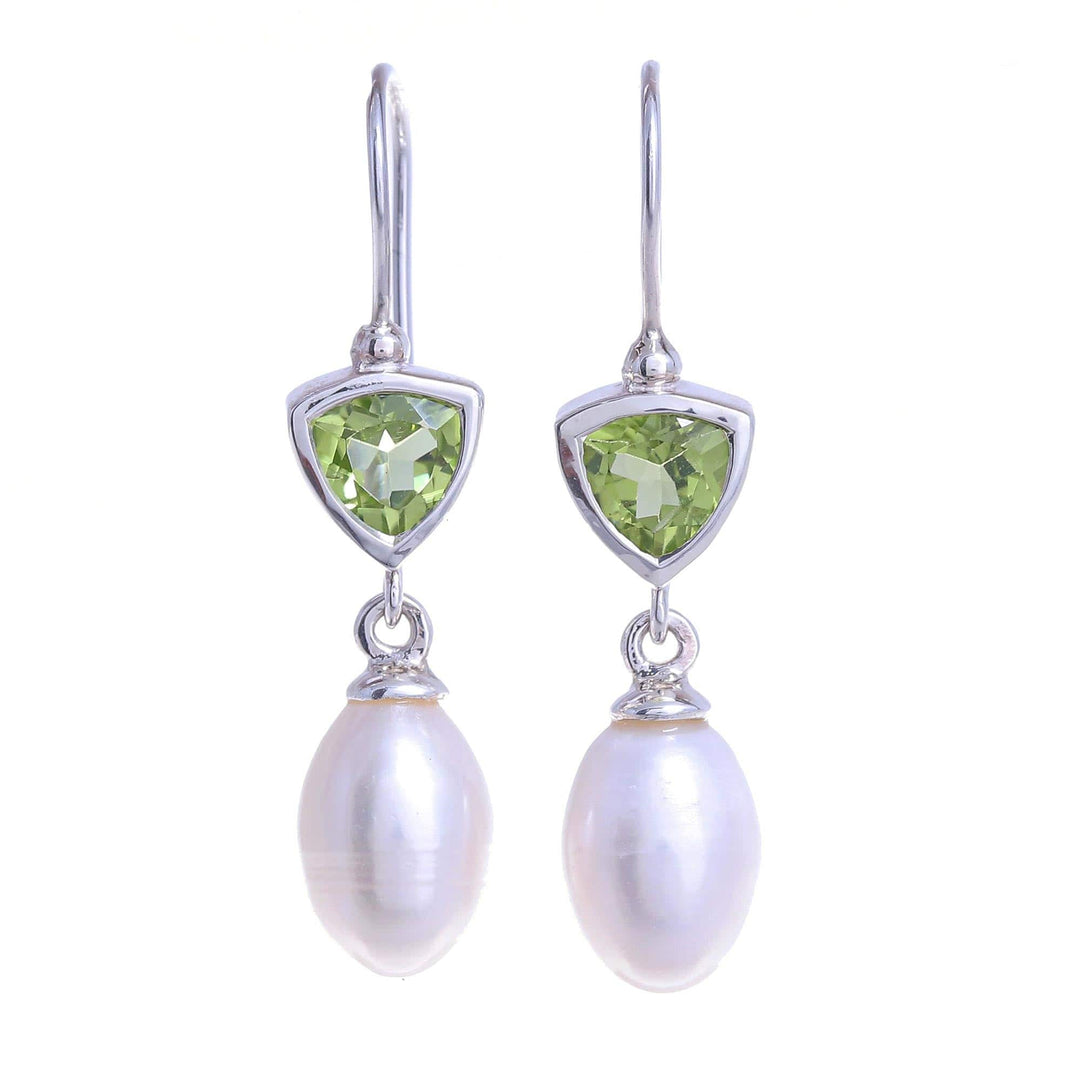 Cultured Pearl and Peridot Dangle Earrings - Spring Green Sea